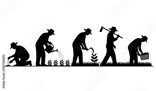 Minimal farmer silhouette banner agriculture workers planting harvesting rural black vector illustration isolated on white