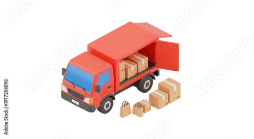 Vector illustration of red delivery truck with cardboard boxes and shopping bags on a transparent background