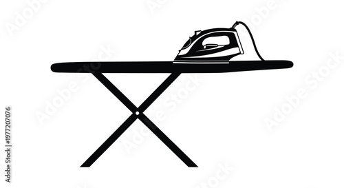 An iron rests on a black ironing board a stark graphic silhouette