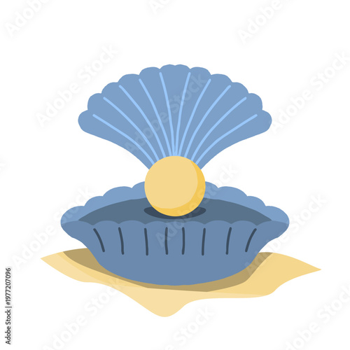Open scallop shell with shiny pearl illustration. Hand drawn scallop cartoon, sea shell and pearl on sand isolated on white background