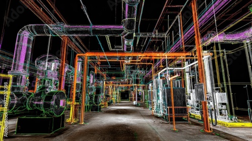 Industrial plant infrastructure visualized as a colorful three dimensional point cloud, representing a digital twin of piping, machinery, and utilities for engineering and documentation
