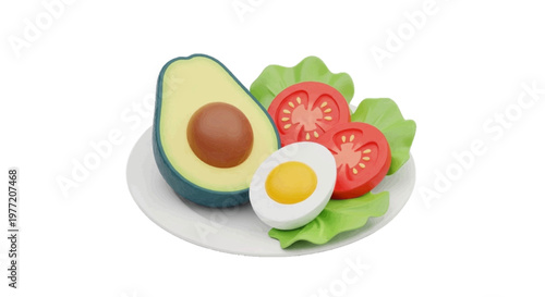 Vector illustration of healthy breakfast plate with avocado, boiled egg, tomato slices and lettuce on a transparent background