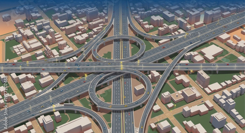 Complex Highway Interchange with Overpasses and Roundabouts in Urban Area.