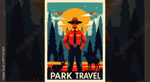 Explore National Parks A Vintage Poster Featuring a Ranger, Wildlife, and Scenic Forests