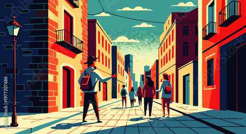 Vibrant street scene in a historic town with people walking, exploring the colorful architecture and sunny urban landscape, capturing the essence of a lively city