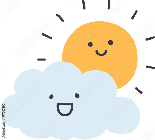 雲からのぞく笑顔の太陽のかわいいデフォルメイラスト