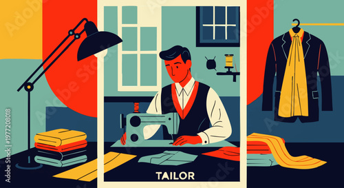 A skilled tailor meticulously works at his sewing machine, surrounded by colorful fabrics and tools in a vintage-style workshop, creating bespoke clothing