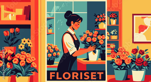 A vibrant artistic illustration showcasing a dedicated florist meticulously arranging a colorful array of fresh blooms within her charming flower shop, embodying the serene artistry of floral design