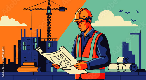 Construction worker in hard hat and safety vest reviewing blueprints at a construction site with crane and building under development