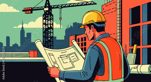 Construction worker in hard hat and safety vest examining blueprints at a busy city construction site with cranes and buildings