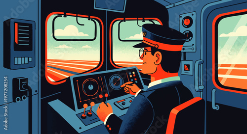 A determined train conductor skillfully navigates a train through scenic landscapes from the control cabin of a locomotive, focusing on the journey ahead