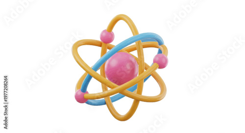 Vector illustration of 3d render of a stylized atom model with orbiting electrons on a transparent background