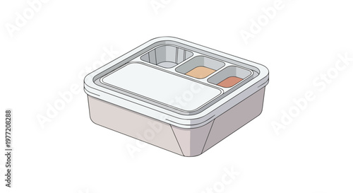 A food packaging mockup with a clear plastic lid and divided compartments on a white background.