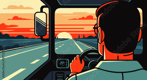 A solitary driver navigates a long highway at sunset, lost in thought as the sun dips below the horizon, painting the sky in warm hues