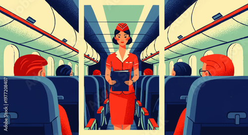 Flight Attendant Greeting Passengers Aboard an Airplane