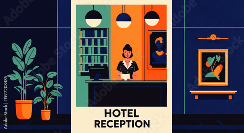 Hotel Receptionist Working at a Counter with Plants and Artwork Decorating the Walls
