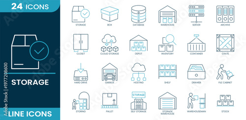 Storage icon set. Data storage, box, database, warehouse, server, archive, cloud storage, inventory, container, crate, hard drive, shelf, file cabinet, pallet, stock. Line vector icons.