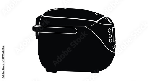Black silhouette of a modern rice cooker against a white background silhouette