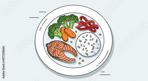 Healthy and balanced meal plate with salmon, vegetables, and rice for wellness