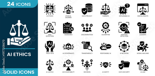AI ethics icon set. AI ethics, privacy, fairness, explainable AI, digital rights, bias detection, guidelines, discrimination, algorithm, deepfake, consent, governance, transparency, Solid vector icons