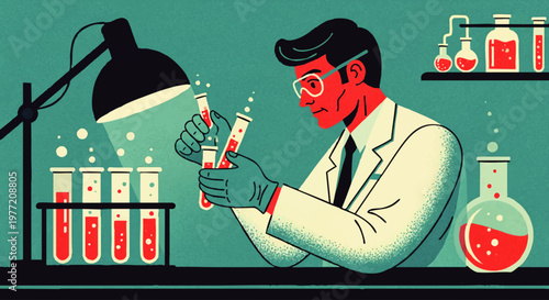 Scientist in Laboratory conducting an experiment with test tubes and beakers, examining liquid in vials under bright lamp light