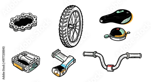 Bicycle components illustration on black background