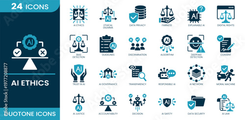 AI ethics icon set. AI ethics, privacy, fairness, explainable AI, digital rights, bias detection, guidelines, discrimination, algorithm, deepfake, consent, Duotone vector icons.