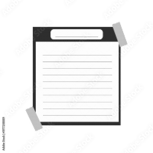 A clipboard holding a sheet of lined paper, depicted in a halftone dot style. The paper appears blank, suggesting space for notes, tasks, or written content. The clean and minimal composition evokes o
