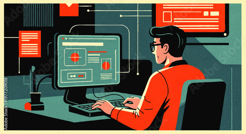 Programmer working on a computer, illustrating the digital world of coding and software development with a focus on technology