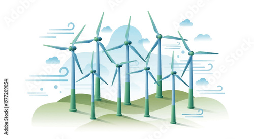 Illustration depicting a cluster of wind turbines harnessing sustainable wind energy for clean power