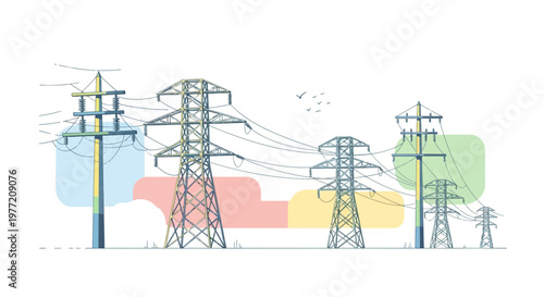 Illustration depicting a line of power pylons with a subtle artistic and abstract composition