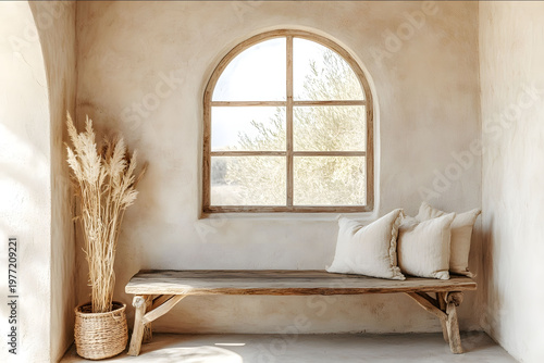 Photo of Boho farmhouse home interior design of modern living room Wooden rustic bench with pillows against arched window near beige stucco wall with copy space.jpe