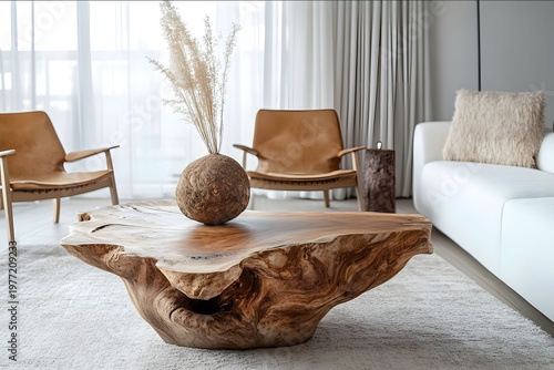 Photo of Rustic natural wood root ball live edge coffee table near chairs and white sofa against window Rustic home interior design of modern living room