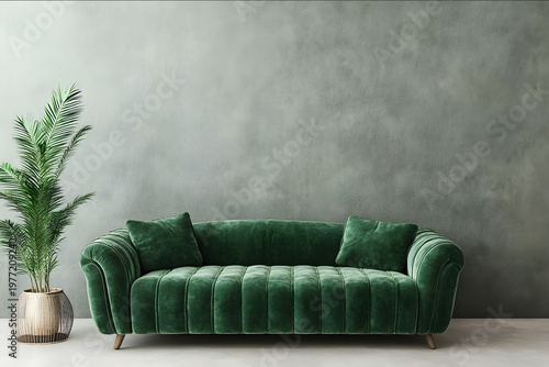 Photo of Boucle sofa against concrerte wall Minimalist loft interior design of modern living room