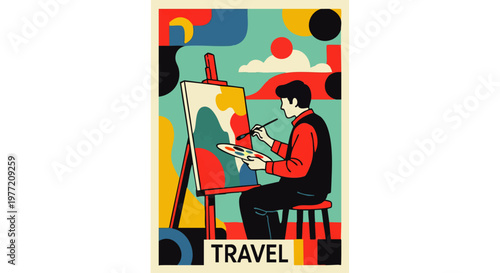 An artist painting a scenic landscape on a canvas, inspired by travel and adventure, creating a vibrant masterpiece