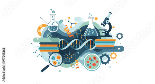 Illustration depicting scientific research, experimentation, and biological discoveries