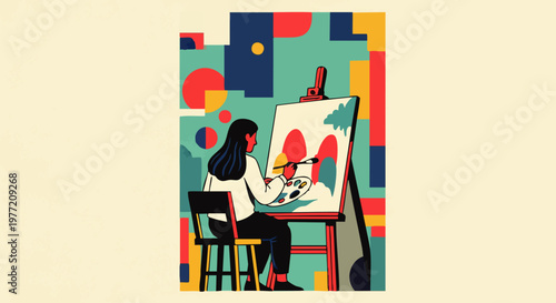 Artist creating a colorful abstract painting on a canvas easel, inspired by geometric shapes and bold color blocking