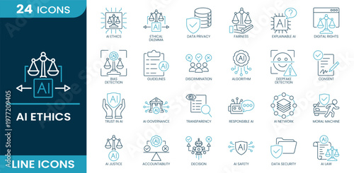 AI ethics icon set. AI ethics, privacy, fairness, explainable AI, digital rights, bias detection, guidelines, discrimination, algorithm, deepfake, consent, governance, transparency, Line vector icons.