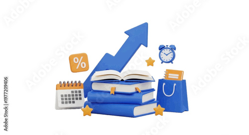 Vector illustration of 3d render of educational growth concept with books, arrow, and icons on a transparent background