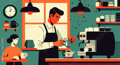 Dedicated barista expertly crafts aromatic coffee beverages for a relaxed customer, showcasing the daily ritual and inviting atmosphere of a modern coffee shop