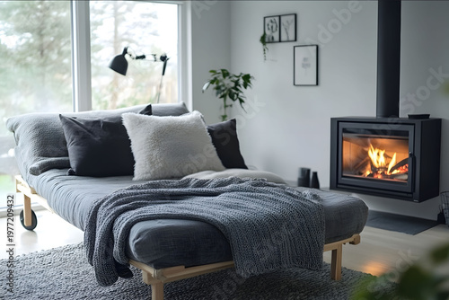 Photo of Grey daybed sofa against fireplace Rustic scandinavian home interior design of modern living room