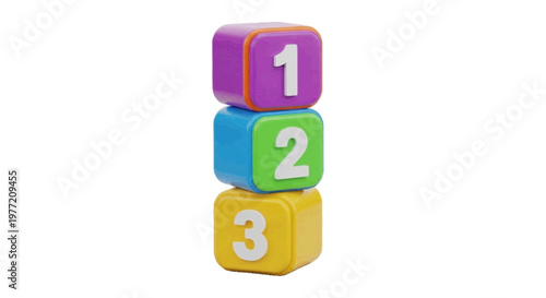 Vector illustration of stack of three colorful toy blocks with numbers one, two, and three on a transparent background