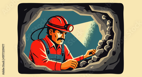 Illustration of a Miner with a Headlamp Exploring a Cave, Extracting Rocks and Minerals