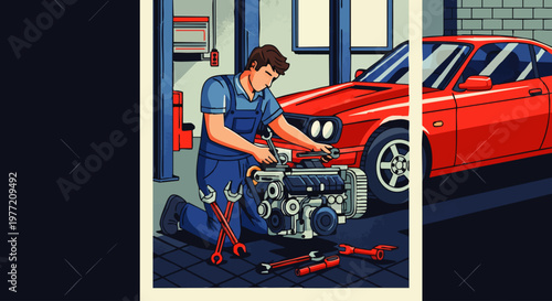 Skilled mechanic in blue uniform repairing car engine with tools in garage workshop, illustrating auto service and maintenance expertise