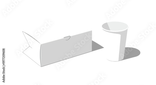 A 3D rendering of a white food packaging mockup, including a folded box and a cylindrical cup, on a plain white background with subtle shadows.