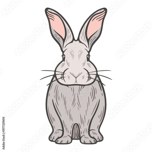 Rabbit sitting, front view, gray, big ears, easter bunny, farm animals, colourful, hand-drawn illustration, line art contour, isolated