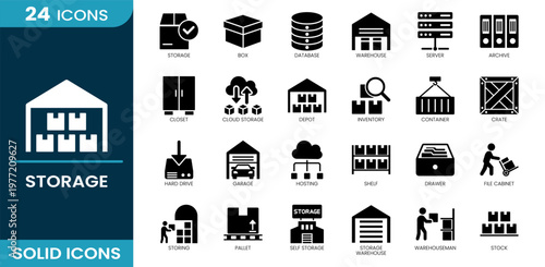 Storage icon set. Storage system, box, database, warehouse, server, archive, cloud storage, inventory, container, crate, hard disk, shelf, file cabinet, pallet, stock. Solid vector icons.