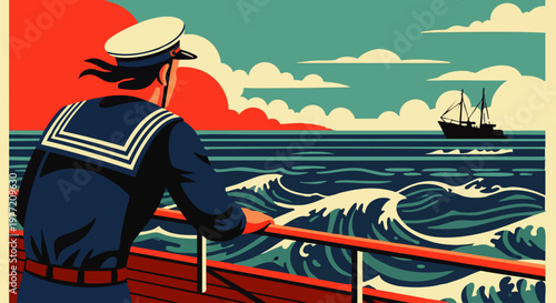 Sailor on deck looking out at the sea with a ship on the horizon, vintage style illustration