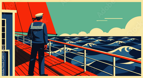 Sailor standing on the deck of a ship, looking out at the ocean with waves under a blue sky, illustration
