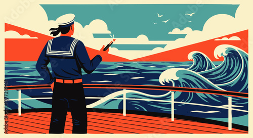 Sailor overlooking the rough seas from a ship deck, with red and blue colors and a retro style
